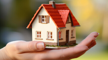 Miniature House Model in Hand Against Blurred Background