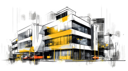 A modernized office building depicted in a captivating watercolor sketch - obrazy, fototapety, plakaty
