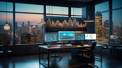 An image of a data analytics firm office with data visualization screens, analytics dashboards, and collaborative workspaces. - obrazy, fototapety, plakaty