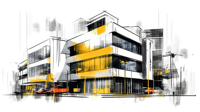 A modernized office building depicted in a captivating watercolor sketch