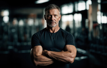Obraz premium portrait of a personal trainer with crossed arms in the gym. Confident, happy male athlete.