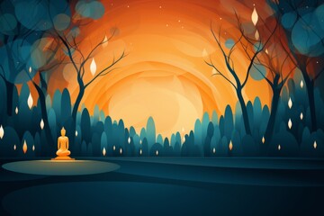 Illustration of a night forest with full moon and golden Buddha. Abstract background for Magha Puja Day or Makha Bucha Day