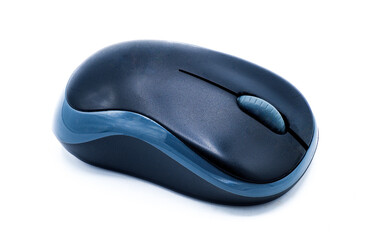 Modern wireless battery powered computer mouse with mid line scrolling wheel, black and blue color plastic. isolated on white background. Side top view