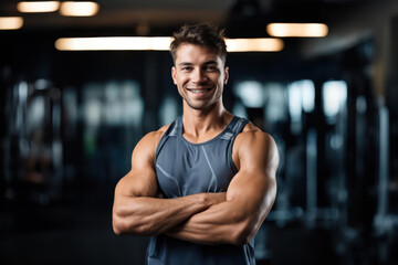Fototapeta na wymiar portrait of a personal trainer with crossed arms in the gym. Confident, happy male athlete.
