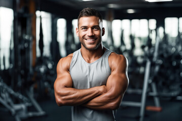 Fototapeta na wymiar portrait of a personal trainer with crossed arms in the gym. Confident, happy male athlete.