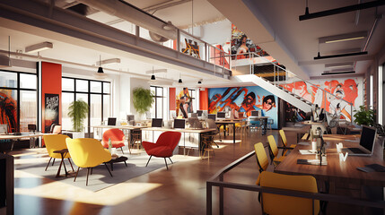 An image of a startup incubator office with shared desks, meeting rooms, and a vibrant entrepreneurial atmosphere. - obrazy, fototapety, plakaty