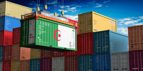 Freight shipping container with flag of Algeria on crane hook - 3D illustration - obrazy, fototapety, plakaty