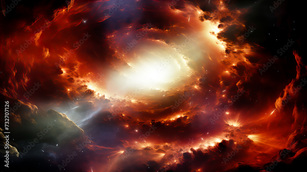 Wall mural fiery explosion in space, computer generated abstract background. red and orange nebula with stars a