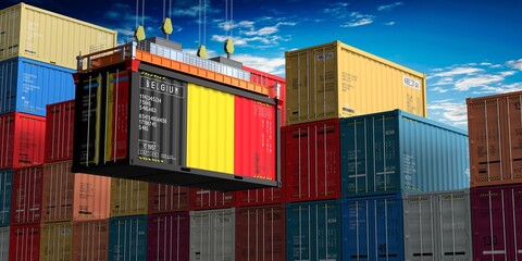 Freight shipping container with flag of Belgium on crane hook - 3D illustration