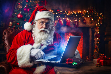 Santa Claus is sitting at his laptop