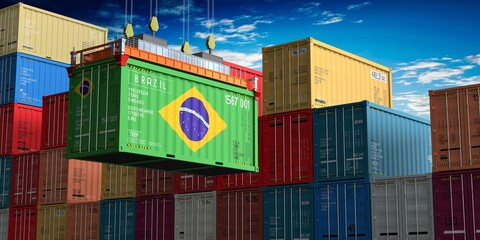 Freight shipping container with flag of Brazil on crane hook - 3D illustration