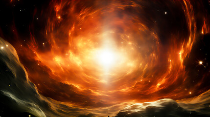 Fiery explosion in space, computer generated abstract background. Red and orange nebula with stars and galaxies. Generative AI technology.