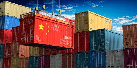 Fototapeta premium Freight shipping container with flag of China on crane hook - 3D illustration