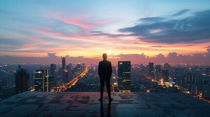 Fototapeta premium Silhouetted figure stands contemplating the sprawling city lights and sunset skyline..