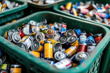 Used household batteries collected in a bin for recycling, highlighting the importance of proper battery disposal. - obrazy, fototapety, plakaty