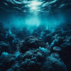 Naklejka na ściany i meble Serene underwater view of a coral reef bathed in sunlight filtering through ocean water. 