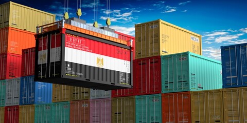 Fototapeta premium Freight shipping container with flag of Egypt on crane hook - 3D illustration