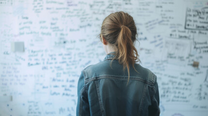 A person is seen from behind, writing on a whiteboard covered in various notes and diagrams, suggesting a brainstorming or problem-solving session.