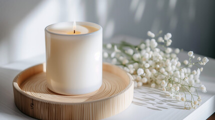 Fototapeta na wymiar Aromatherapy candles on a beige background warm beauty elements Convenience like home Rest and good health interior decoration model.