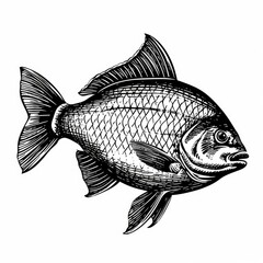 Black & white picture of fish, woodcut, old vintage style, hand drawn simple graphics, isolated on white background