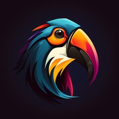 A vibrant and expressive toucan face logo illustration, showcasing the unique features and vibrant colors of the bird, set against a tropical and lively solid background