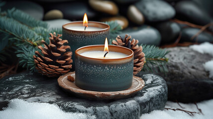 Scented candles are placed on the rocks. Surrounded by pine cones in winter.