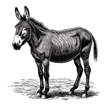 Black & white picture of donkey, woodcut, old vintage style, hand drawn simple graphics, isolated on white background