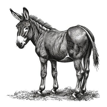 Black & white picture of donkey, woodcut, old vintage style, hand drawn simple graphics, isolated on white background