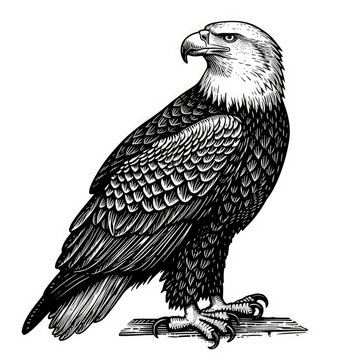 Black & white picture of eagle, woodcut, old vintage style, hand drawn simple graphics, isolated on white background