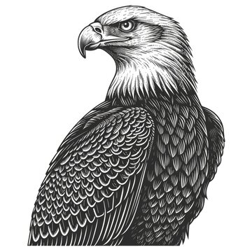 Black & white picture of eagle, woodcut, old vintage style, hand drawn simple graphics, isolated on white background