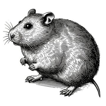Black & white picture of hamster, woodcut, old vintage style, hand drawn simple graphics, isolated on white background