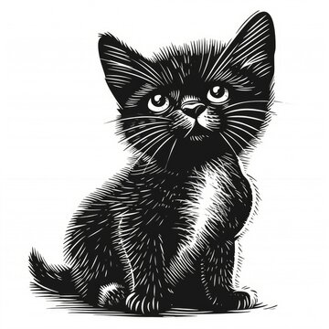 Black & white picture of kitten, woodcut, old vintage style, hand drawn simple graphics, isolated on white background