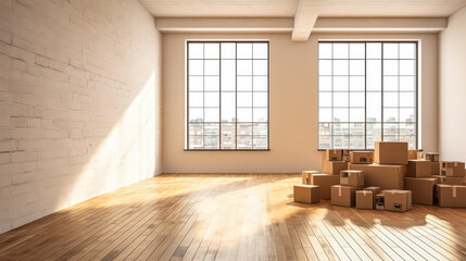 Cardboard boxes and household items indoors, ideal for moving day concepts.
