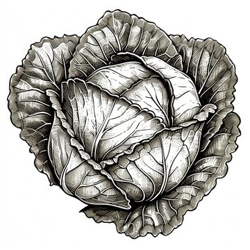 Cabbage, woodcut, old vintage style, hand drawn simple graphics, isolated on white background