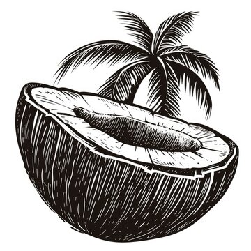 Coconut, woodcut, old vintage style, hand drawn simple graphics, isolated on white background