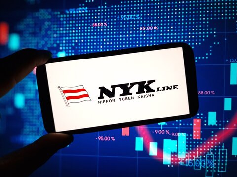Konskie, Poland - February 09, 2024: Nippon Yusen Kabushiki Kaisha company logo displayed on mobile phone