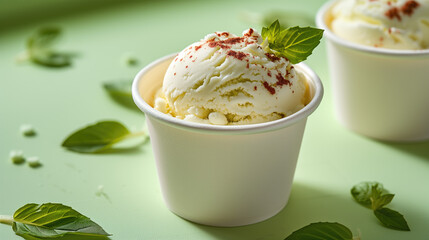 cups of white ice cream, green tea sorbet flavor There are green tea leaves around. white green background With copy space, mockup mold for food packaging product advertising ideas.