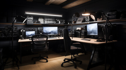 A photography studio office with workstations for editing, photography equipment storage, and creative mood lighting.