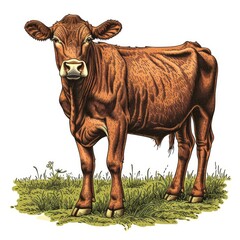 Colored picture of cow, woodcut, old vintage style, hand drawn simple graphics, isolated on white background 