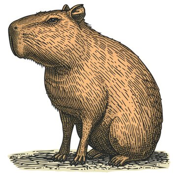 Colored picture of capybara, woodcut, old vintage style, hand drawn simple graphics, isolated on white background