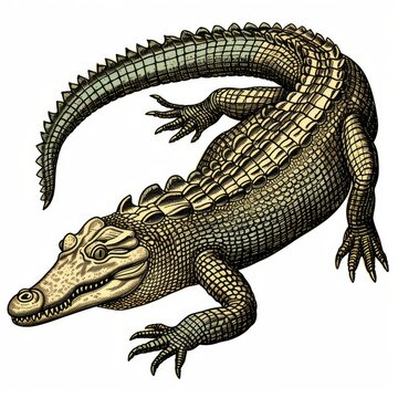 Colored picture of crocodile, woodcut, old vintage style, hand drawn simple graphics, isolated on white background
