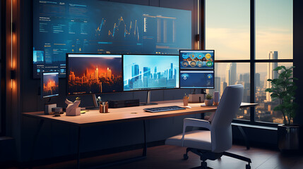 A remote office setup with virtual collaboration tools, multiple monitors, and comfortable home...