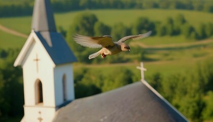 Dove flying over an old little church in the countryside created with generative ai