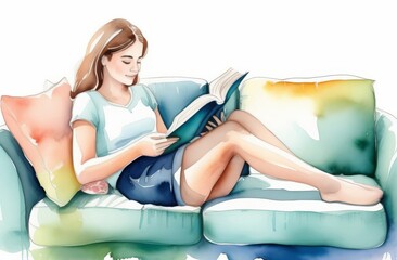 Young white woman in skirt reading a book on a couch - 732709572