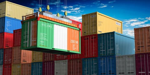 Freight shipping container with flag of Ireland on crane hook - 3D illustration