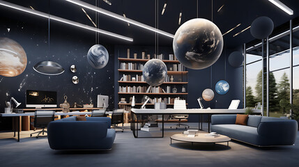A space-themed office for an astronomy research institute with celestial maps, telescope models, and space-themed decor. - obrazy, fototapety, plakaty