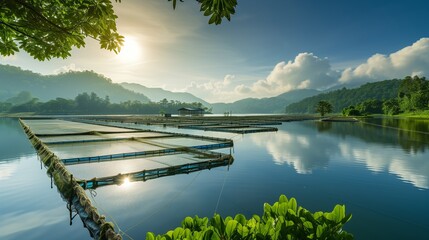Aquaculture Farm modern aquaculture farm with rows of fish tanks or ponds, surrounded by lush greenery, highlighting sustainable fish farming practices - obrazy, fototapety, plakaty