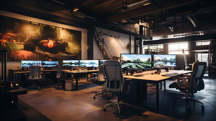 A tech-focused office with dual-monitor setups, gaming chairs, and a central command desk for team collaboration.