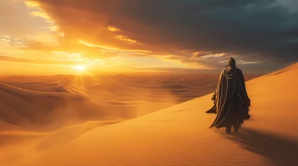 Fotobehang Silhouette of a Muslim woman in the desert at sunset. Lone figure, cloaked in desert robes and a distinctive helmet, traversing a vast dune landscape with a sunsetting behind. © Oskar Reschke