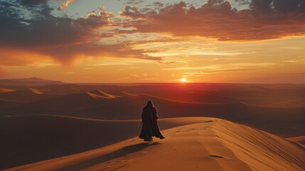 Silhouette of a Muslim woman in the desert at sunset. Lone figure, cloaked in desert robes and a distinctive helmet, traversing a vast dune landscape with a sunsetting behind.
